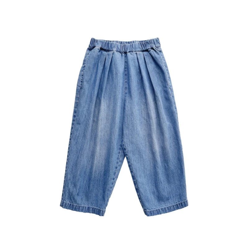 

2022 Spring and Summer New Products Washed Denim Blue 7 Points Pure Cotton Casual Tapered Pants Boys and Girls Soft Fabric