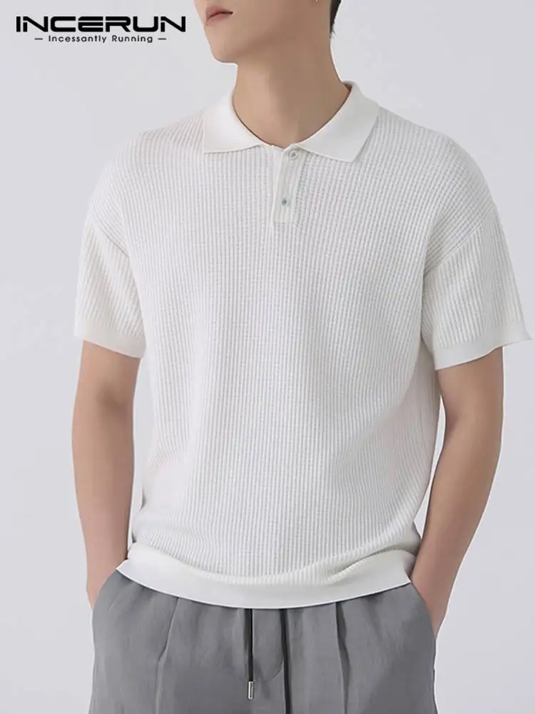 

Casual Simple Style New Men Tops INCERUN Handsome Male Hot Sale Short Sleeve Shirts Solid Color V-neck Lapel Collar Blouse S-5XL