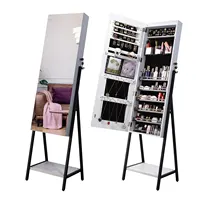 LED Jewelry Organizer Cabinet with Full-Length Body Mirror Wall Door Mounted Jewelry Armoire, Lockable Storage Cabinet