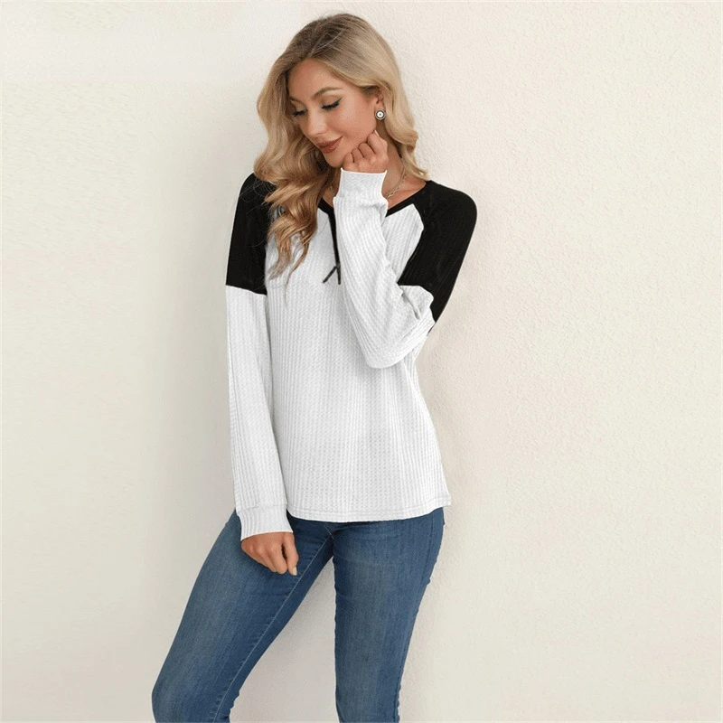 

Dinboa-2022 Female Autumn New Shirs Women's Casual Color Block Round Neck Long Sleeve Loose Fashion Stitching Pullover Tops