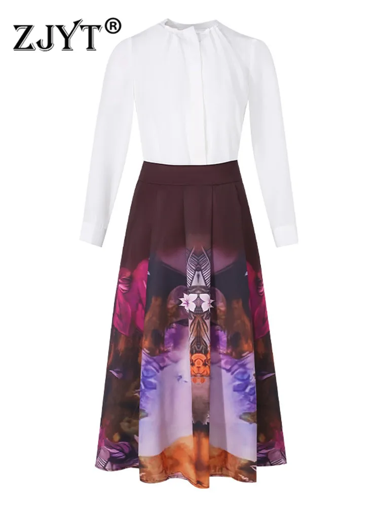 

Женский модельный костюм из двух предметов, белая рубашка с винтажным принтом и юбка миди, повседневный праздничный костюм, весна