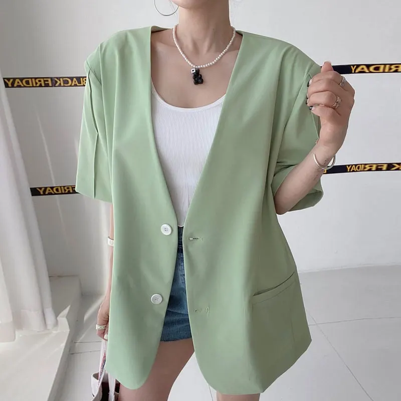 

SuperAen 2022 Summer Solid V-neck Back Letter Embroidery Two Buttons Loose Casual Suit Coats Blazer Women