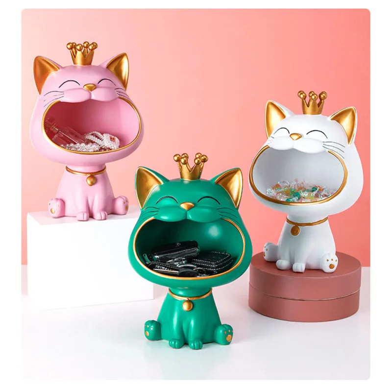 

Lucky Cat Statue Figurine Sundries Storage Box Sculpture Table Decoration Miniature Modern Living Room Desk Home Decor