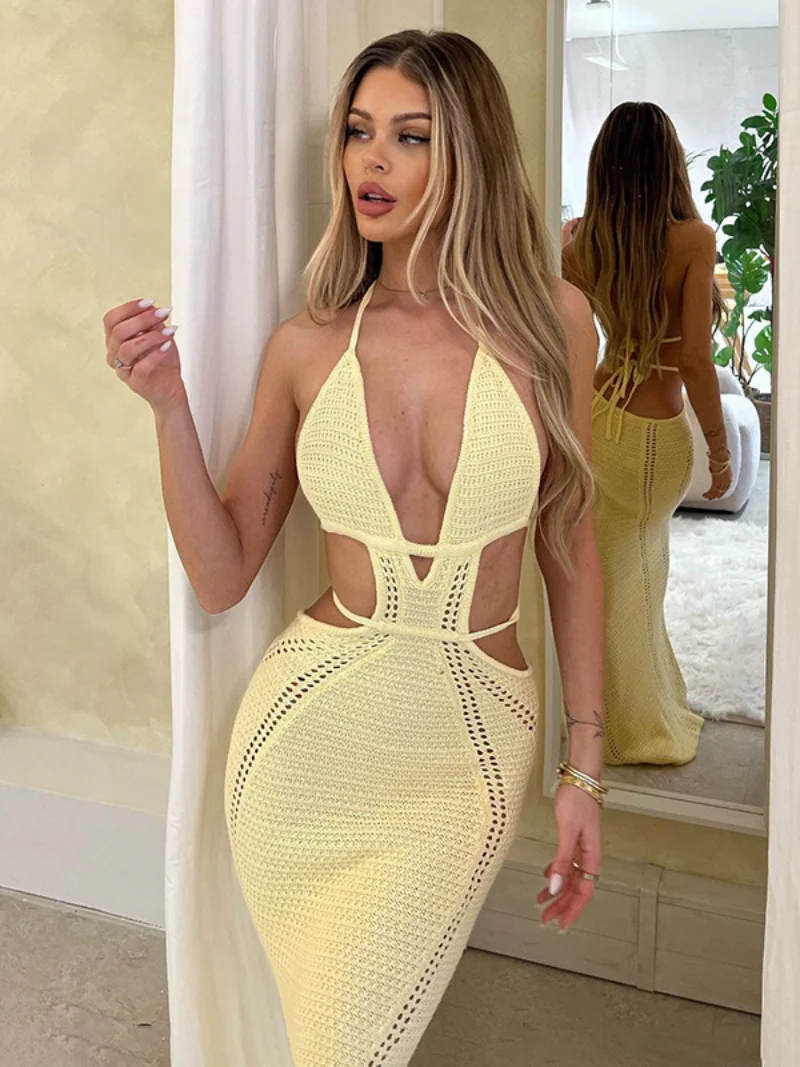 

Fashion Sexy Women's Hollow Out Knit Dress Streetwear 2023 Halter Neck Backless Bandage High Waist Bodycon Lace-up Long Dresses