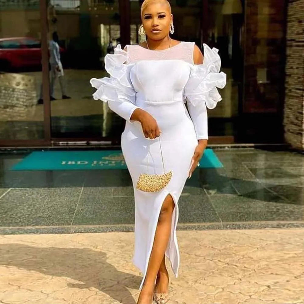 

Party Dresses White Ruffle Sleeve Patchwork Slim Slit Elegant Long Dress Party Event Celebrity Dress Summer Lady Dress 2022 New