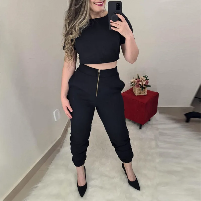 

Summer Tank Top & High Waist Pants Set Fashion Casual Suit Short Sleeve Shirt & Straight Trousers Women Sweet Two Piece Outfits