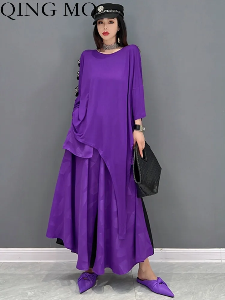 

QING MO 2023 Spring Summer New Fashion Suit Casual Off Shoulder T-shirt Top + Loose Pants Women Two Piece Pant Set ZXF1219