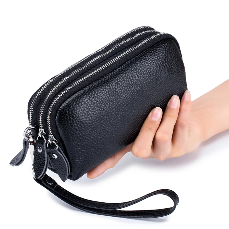 Aliwood High Quality Genuine Leather Long Women's Wallet Cowhide Clutch Bag 3-Layer Zipper Large-Capacity Phone Bags Coin Purse