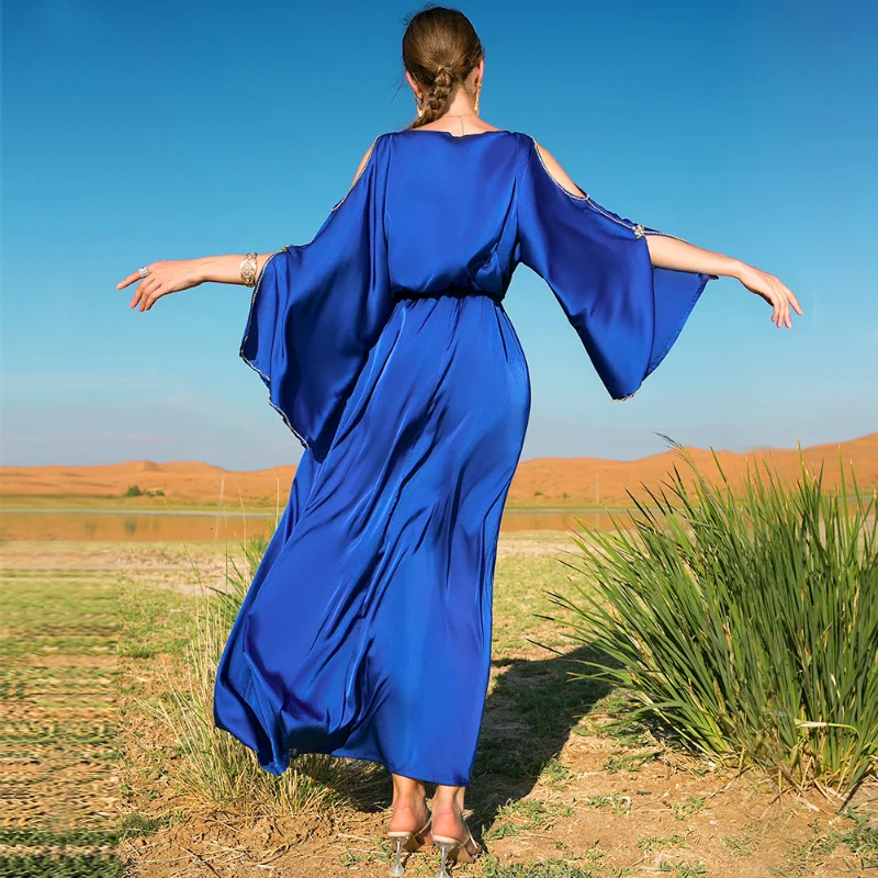 Moroccan Kaftan Luruxy Colored Rhinestones V Neck Off Shoulder Summer Long Dress Dubai Robe 2022 Gorgeous Vacation Gulf Abayas