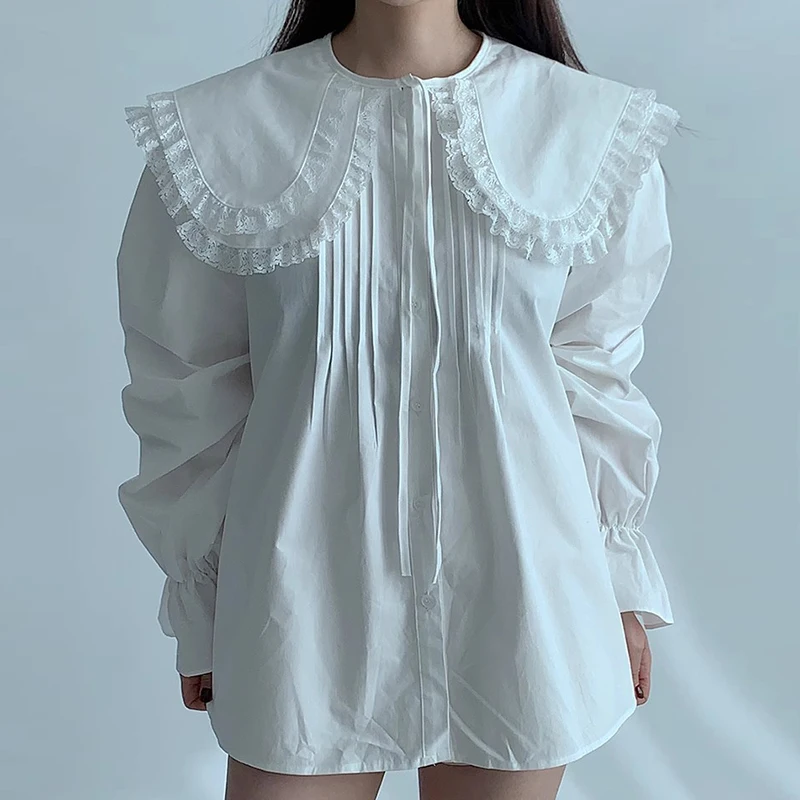 Блузка женская кружевная с лацканами элегантная нежная плиссированная рубашка