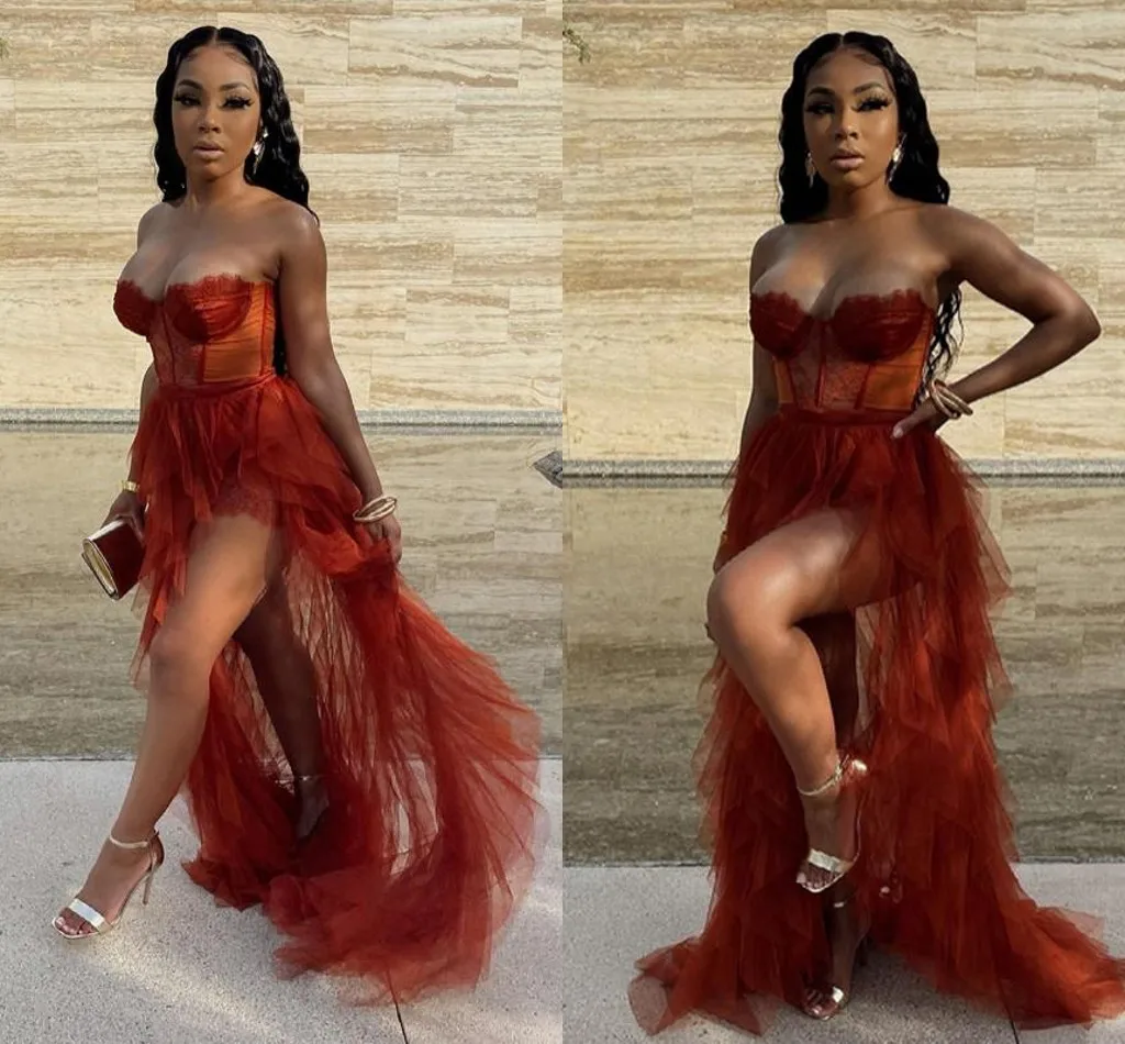 

Красные платья для выпускного вечера без бретелек, кружевное Тюлевое платье с оборками и высоким разрезом, вечернее коктейльное платье для ...