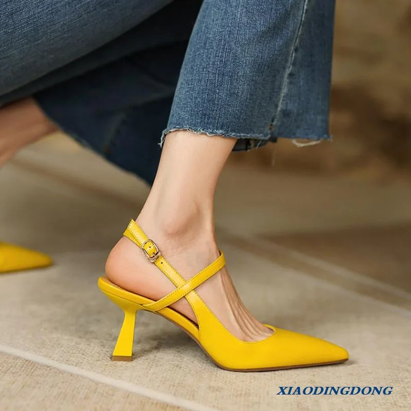 

6cm New Fashion Sandals Thin High Heels Female Ankle Wrap Pointed Toe Casual Women Yellow Shoes 38 39