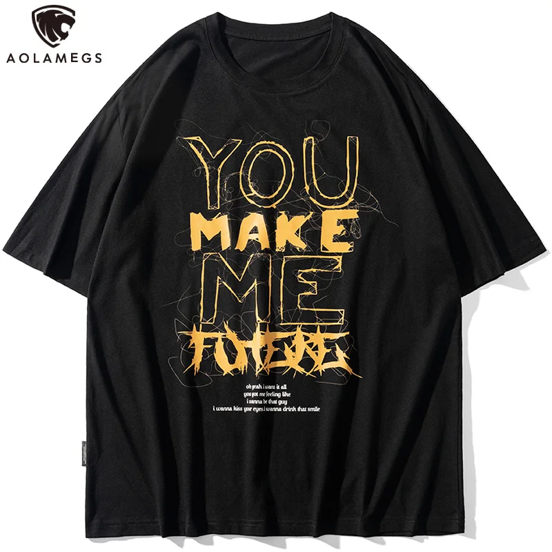 

Aolamegs T-shirt Men Line Art Letter Graffiti Baggy Short Sleeve Tops Summer Hip Hop Youthful Vitality Skateboard Tee Streetwear