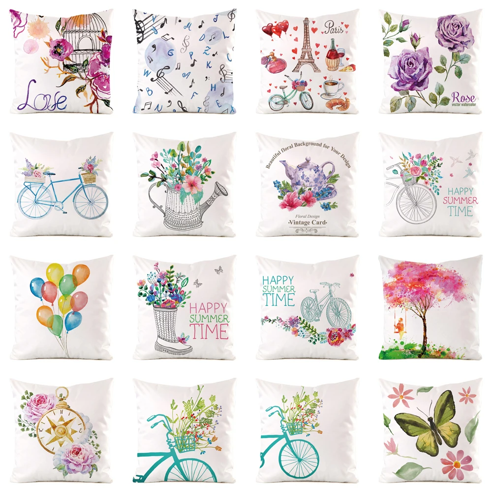 

Summer Home Decoration Cushion Cover Bike Pattern Flower Print Sofa Pillow Case Nordic Style Throw Pillow Cover 45x45cm