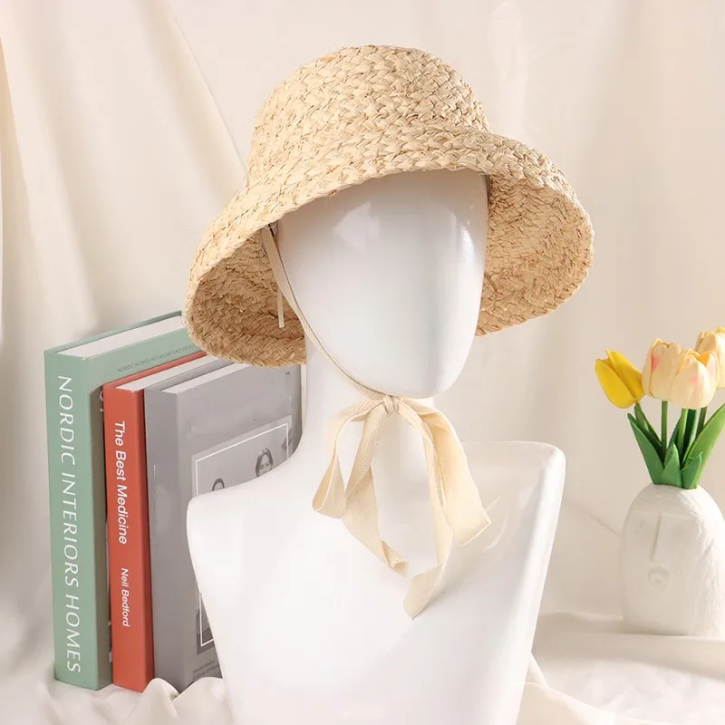 

1Pc Children Hand-knitted Raffia Retro Flat Top Sun Hats Girls and Boys Outdoor Travel Sunscreen Vacation Straw Hat With Lacing