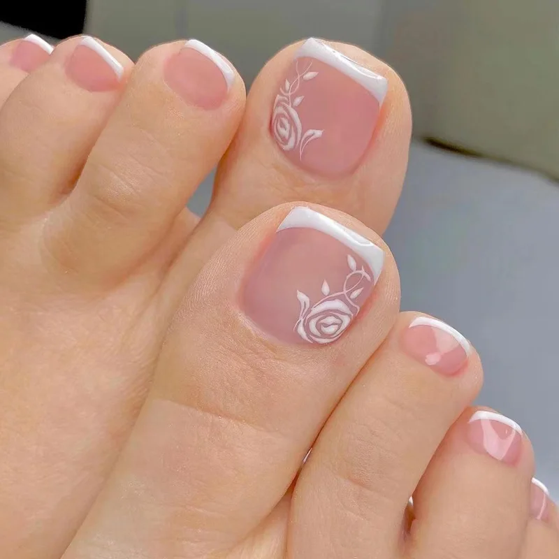 24pcs Fake Toe Nails for Girl White Flowers French False Nail Full Cover Removable Acrylic Nail Stickers Press on Nails for Feet