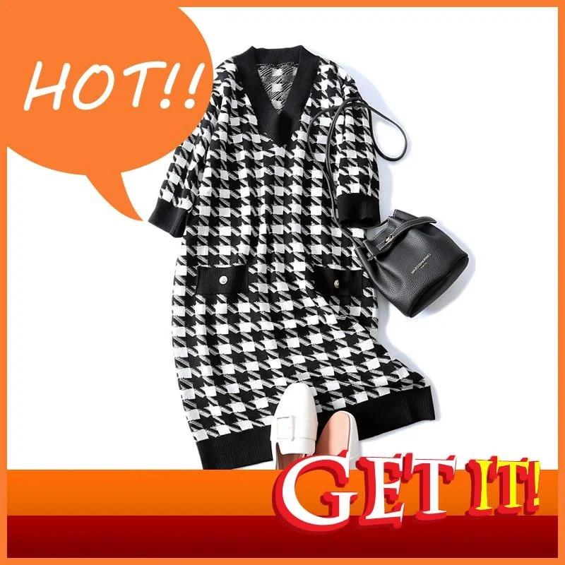 

Casual Dresses 2023 For Women Korean Fashion Clothing A-line Plaid Half Sleeve Knee-length Empire V-neck Winter Vintage Dress