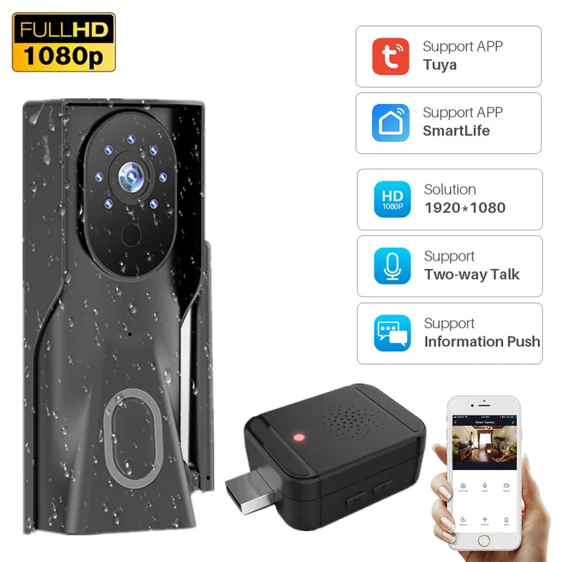 Tuya 1080P HD Video Doorbell Camera WiFi Wireless Doorbell Smart Home Door Bell Camera Outdoor Mini Video Intercom Two Way Audio