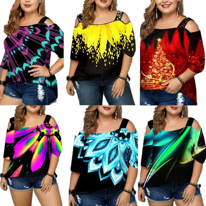 Womens Plus Size Colorful Tops and Blouses 2022 Summer Sexy Off Shoulder Tunic Tops Cold Shoulder Women 5XL 6XL Loose Peplum Top