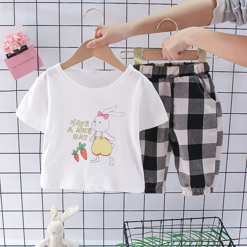 

Summer Girl Clothes 1-4Year Cartoon T-shirt Plaid Pant Two Piece Outfit Children Tracksuit Casual 3 Color Kid Sportwear A524