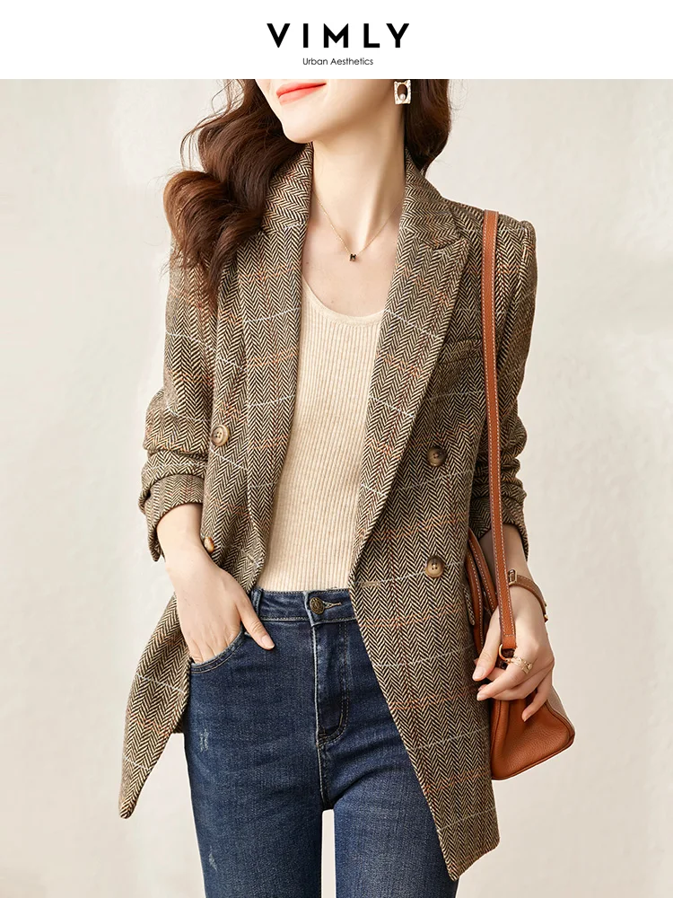 Vimly Vintage Wool Blend Plaid Blazers for Women 2023 Spring Jacket Work Business Professional Casual Double Breasted Suit Coat