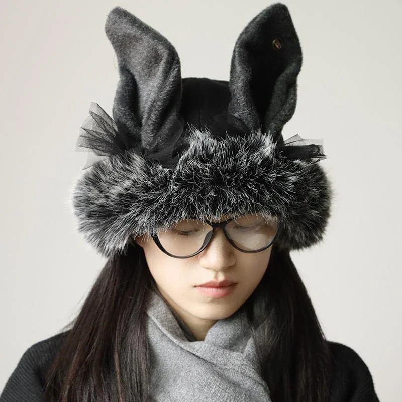 Y2K Heavy Industry Rabbit Eared Имитация лисьего меха Кепки с большим меховым воротником для