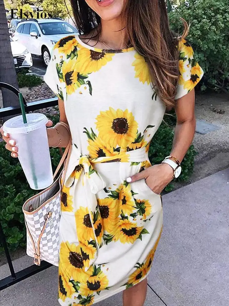 

Женское повседневное мини-платье с круглым вырезом и коротким рукавом, модель 2022 года, женское модное свободное платье в стиле ретро с принт...