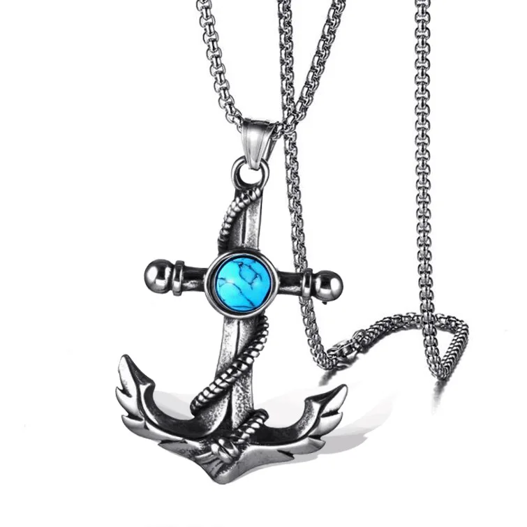 

Fashion Stainless Steel Turquoise Anchor Necklace Cross Pendant Hip Hop Necklaces for Men Retro Jewelry Party Anniversary Gift
