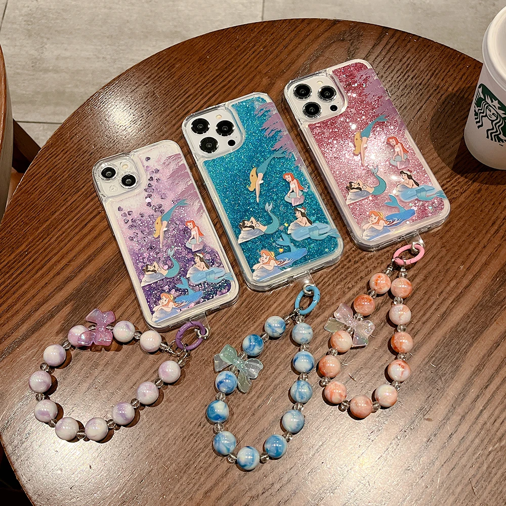 

Disney Princess Ariel with Chain Phone Case for IPhone 14 13 12 11 Pro Max Mini X XR XS MAX 7 8Plus Clear Quicksand Back Cover