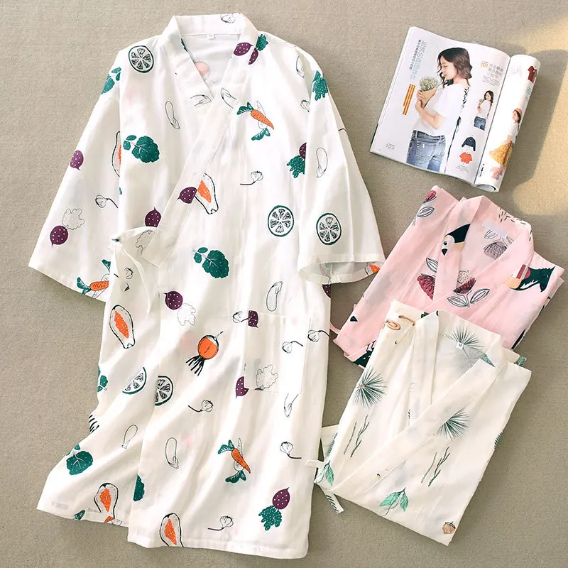 

Female Thin Cotton Bathrobe with Belt Print Floral Kimono Robe Gown Cozy Spa Home Dress Casual Sleepwear Intimate Lingerie