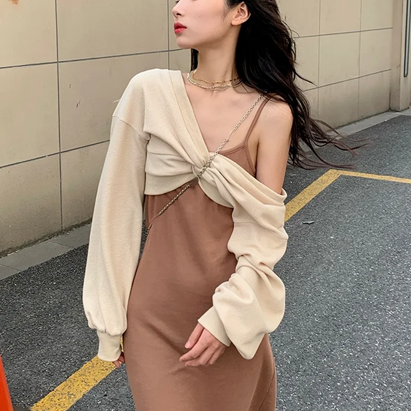 

2022 Autumn Y2k Crop Tops Sweatshirt Midi Dress Dress Set Women Korean Elegant Pure Color Strap Dress Loose Hoodie