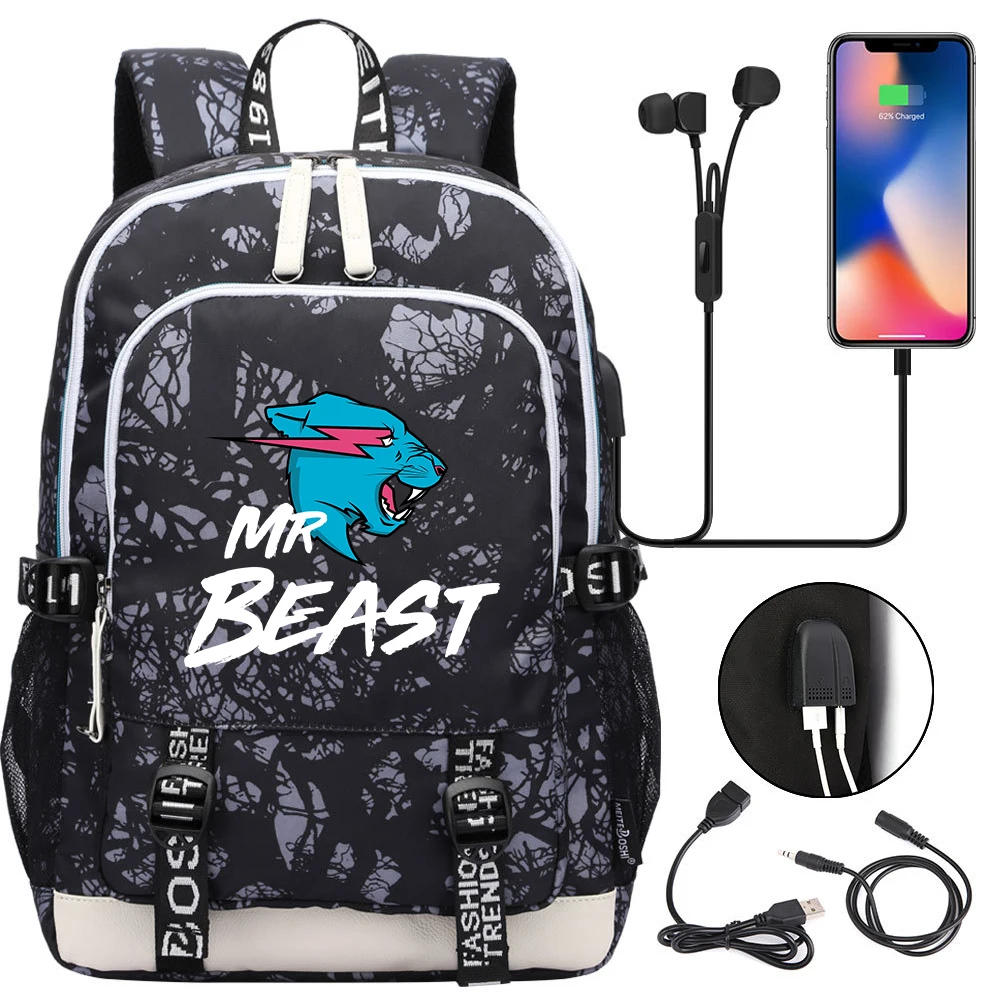 

Школьные ранцы Mr Beast, рюкзак для студентов с USB-зарядкой для ноутбука, для женщин и мужчин, дорожные сумки, детские Студенческие рюкзаки для к...
