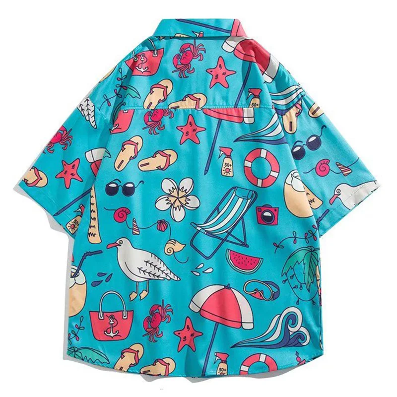 Summer Short Sleeve Shirt Men Cartoon Elements Print Top Fashion Casual Beach Cardigan Blouse Streetwear Oversized Male Clothes