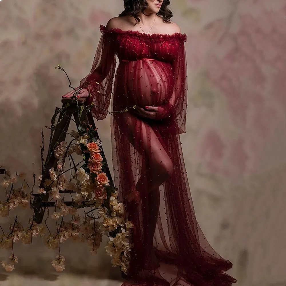 

Сексуальное прозрачное Тюлевое платье с жемчужинами для фотосъемки беременных Тюлевое платье с жемчужинами для беременных длинное платье для фотосъемки свободного размера