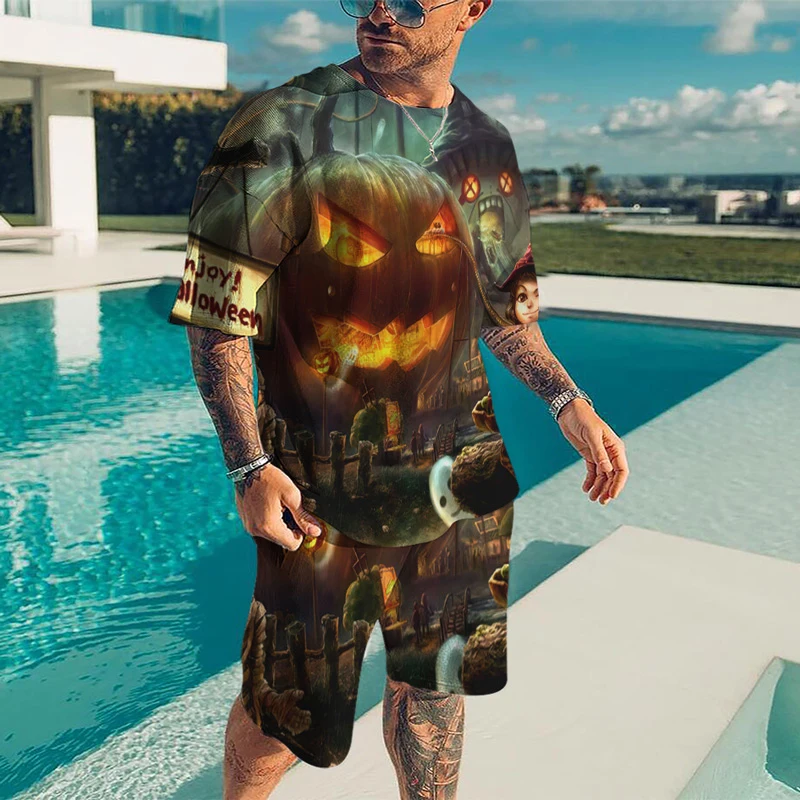 Summer Men's Casual Street Beach Shorts Set 3D Printing Color Halloween Thriller Crew Neck Street Home Short Sleeve Two-piece Se
