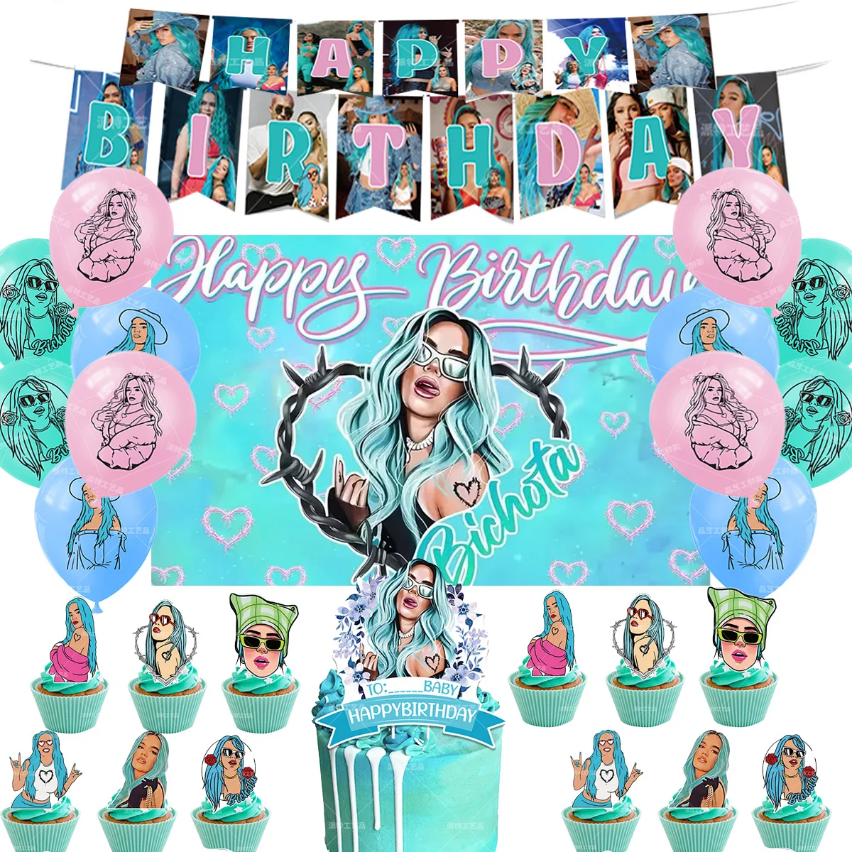 Blue Karol G Theme Girl's Birthday Party Supplies Decorative Cartoon Lantex Balloon Banner Backdrop Cupcake Topper Kids Gif