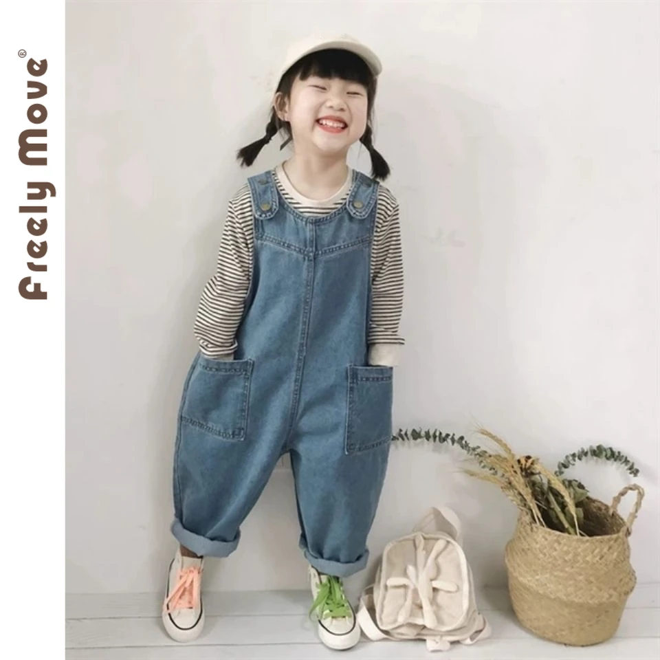 

Freely Move Boys Girls All-match Denim Trousers 2023 New Children Loose Overalls Autumn Solid Outwear Jumpsuit Casual Kids Pants