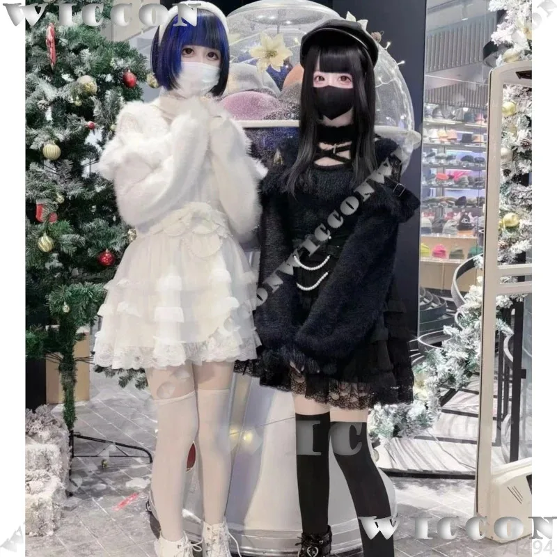 Фото Jirai Kei Girl Косплей Костюм Underground Idol Экипировка Свитер на бретелях Торт Лук Прозрачная Юбка Черно-Белое Платье Женщины по индивидуальному заказу; №1