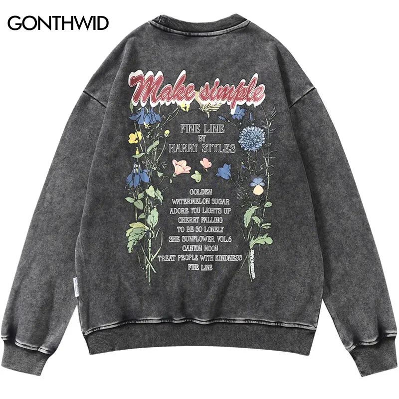 

Vintage Men Sweatshirt Streetwear Hip Hop Floral Letter Print Distressed Wash Pullover 2022 Harajuku Fashion Retro Loose Hoodies