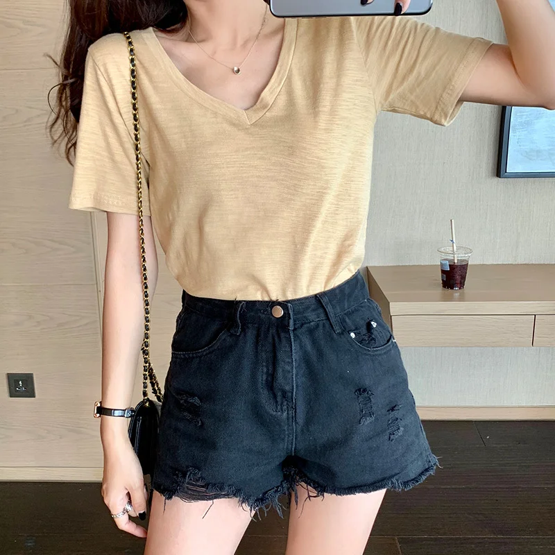 

Летняя универсальная белая футболка с V-образным вырезом и коротким рукавом женский топ Корейская версия Повседневная Свободная хлопковая ...