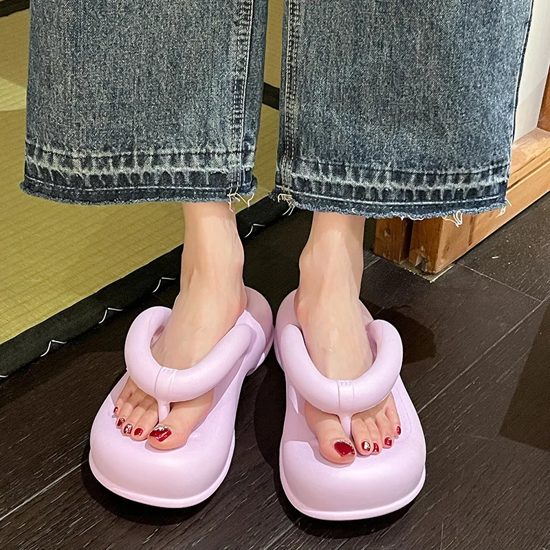 EVA Thick Soled Women's Flip-flops Summer Solid Color 7cm High Anti-skid Outdoor Beach Shoes Simple Comfortable Indoor Slippers