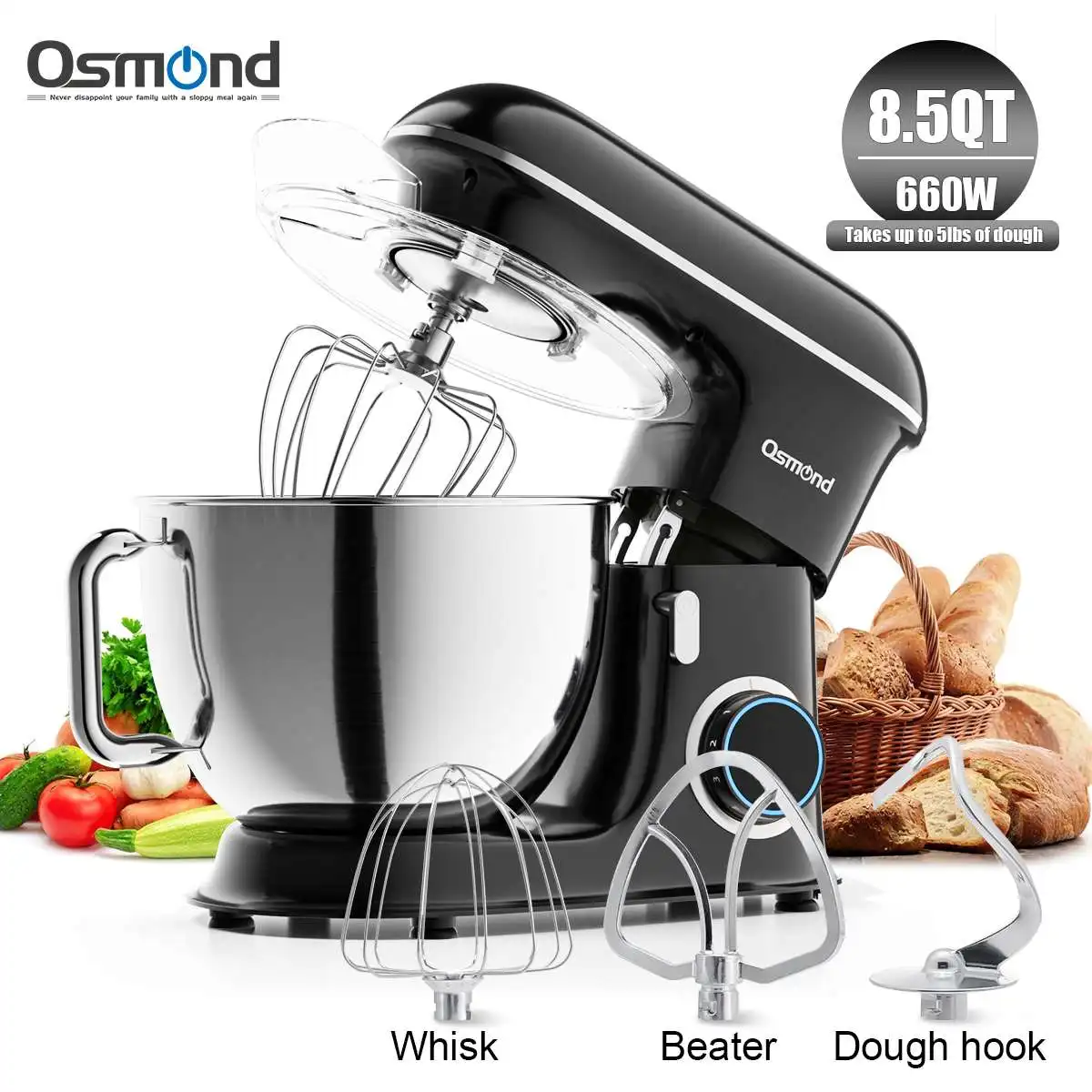 

OSMOND 8.5QT Food Stand Mixer 8L Stainless Steel Bowl 6-speed Kitchen Bread Maker Cream Egg Whisk Whip Dough Kneading Blender