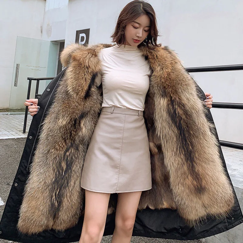 Winter New Pie Overcome Jacket Women's Mid-length Removable Raccoon Fur Liner Thickened Imitation Leather Warm Jacket Women 2022
