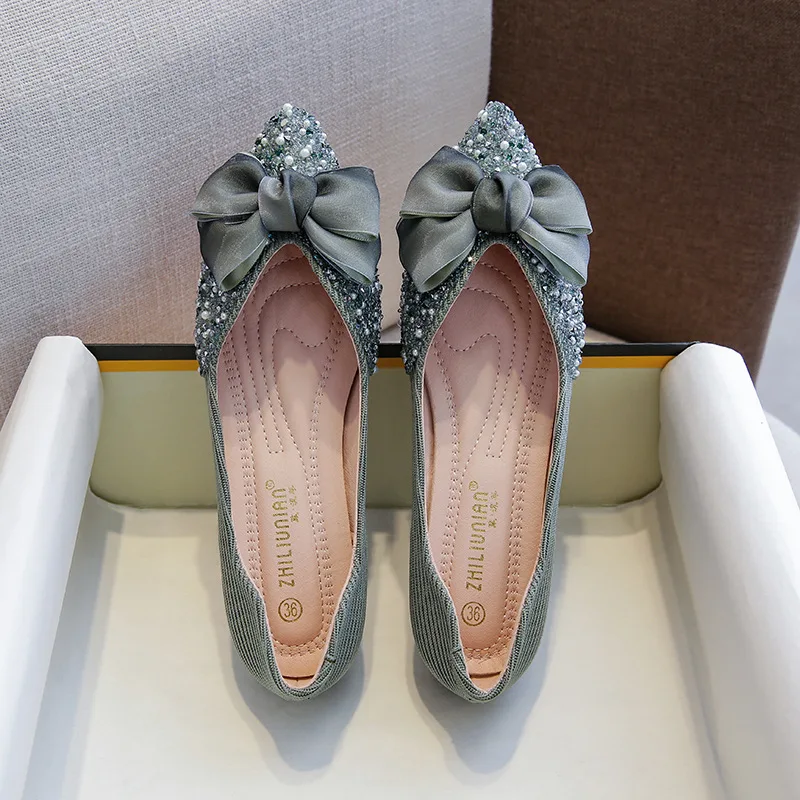 Lolita Shoes Clear Beading Bowknot Women Flats Luxury Pointed Ballerina Shoes Soft Bottom Espadrilles Female Bow Moccasins