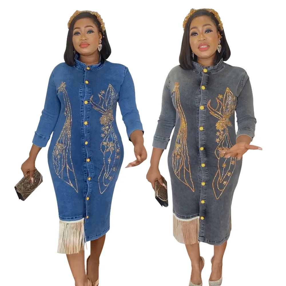

New Autumn Winter Crystals Women Denim Dress Single-breasted Long Sleeves Tassels Stretchy Jeans Dresses Real Picture