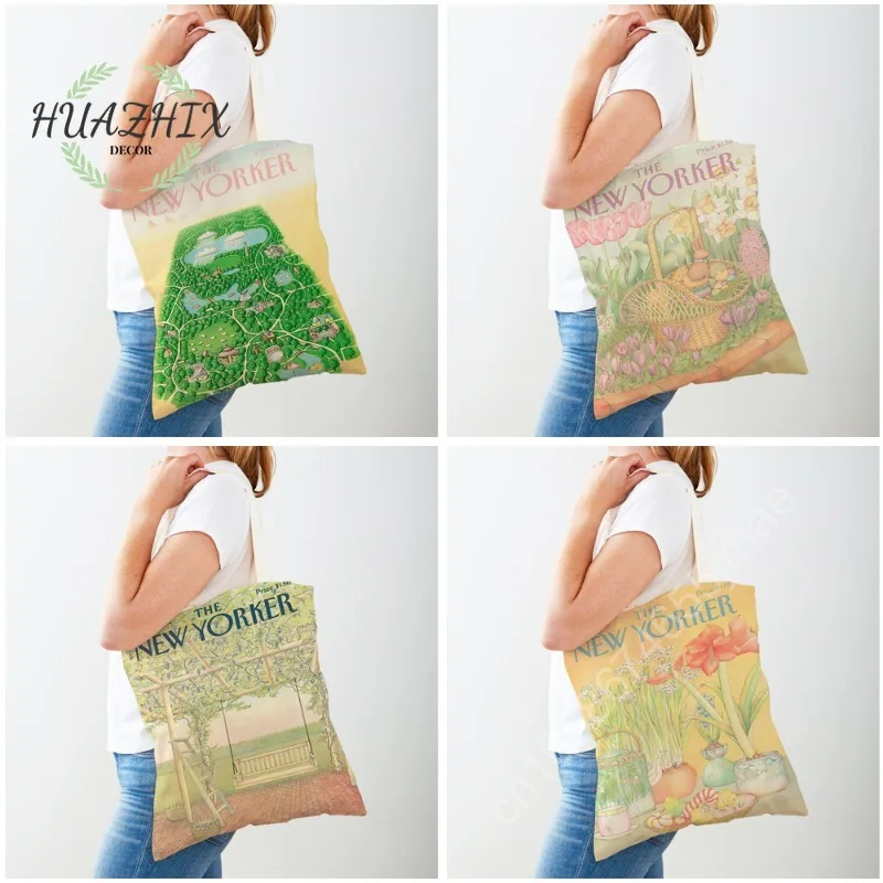 

The New Yorker Shoulder Bags City Magazine Women Shopping Tote Bag Casual Vintage Canvas Leaf Flower Large Capacity Handbags