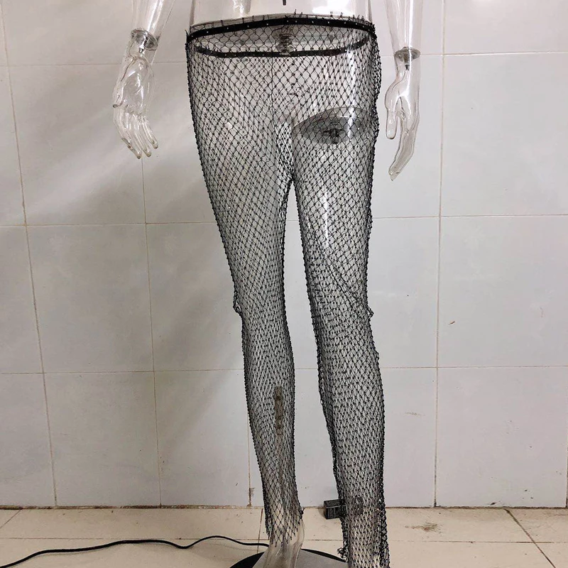 Summer Transparent Crystal Diamond Shiny Women Pants Summer Sexy Hollow Out Elastic Fishnet Trousers See Through Beachwear Pants images - 6