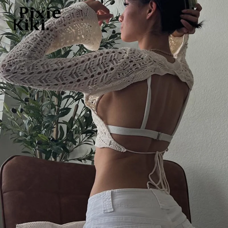 

PixieKiki Lace Up Open Back Long Sleeve Crop Top Vintage Y2k White Knit Sweater Sexy Fall 2022 Fashion Women Clothing P77-CG30