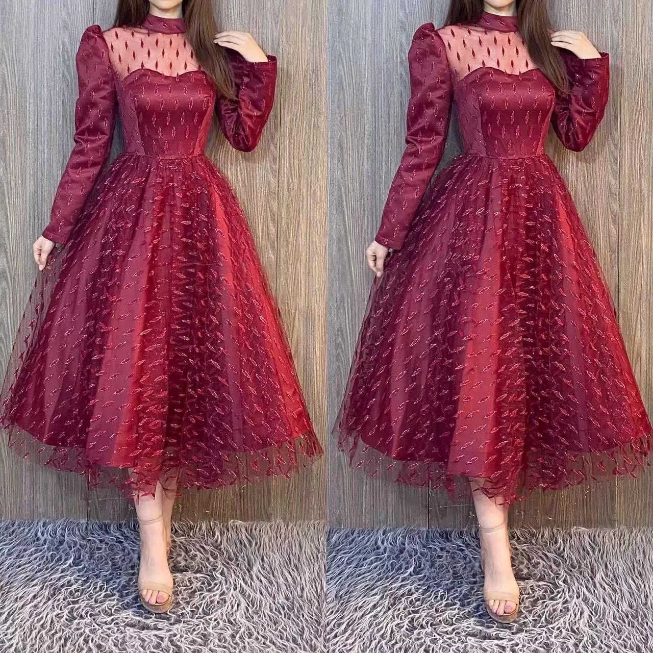Women Elegant  A-Line Wedding Dress Sexy Hollow Tulle Lace-up High Collar Prom Party Dress Fashion Pleated  Evening Dresses