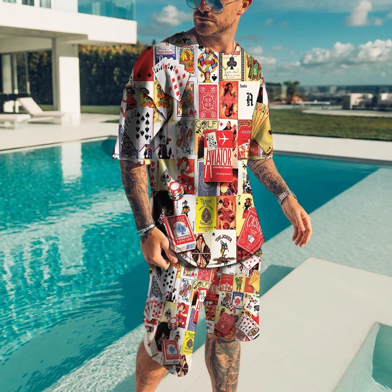 

2022 Newest 3D Playing Cards Stitching Men's T-Shirt Shorts Sets Summer Round Neck Shirts Tracksuit 2 Piece Suit Men's Clothes